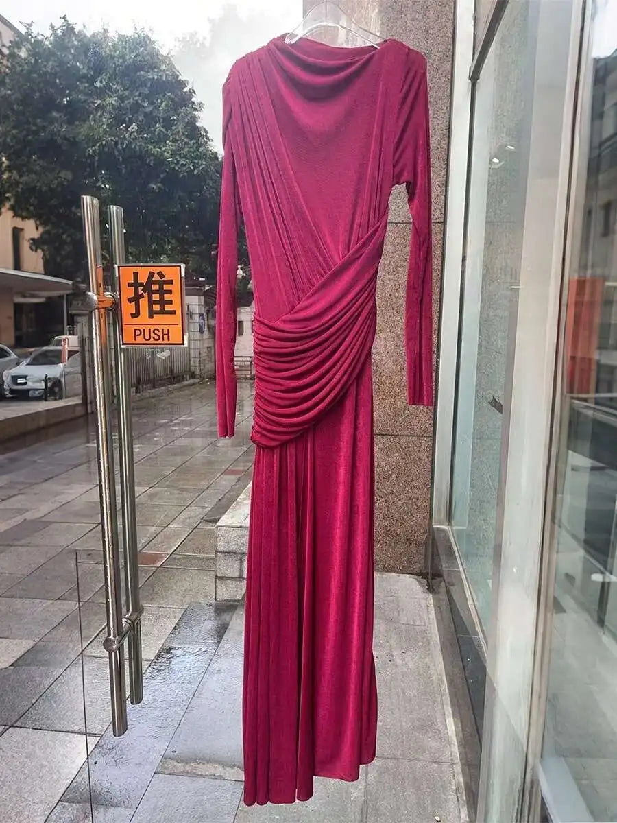 QMQA Fashion Women's Asymmetric Pleated Elegant Dress Solid Color Long Sleeve High Waist Slimming Party Dresses 2025 New QM519