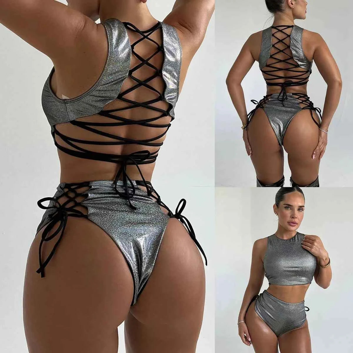 European and American swimsuit women's dark laser strap sexy bikini foreign trade points swimsuit