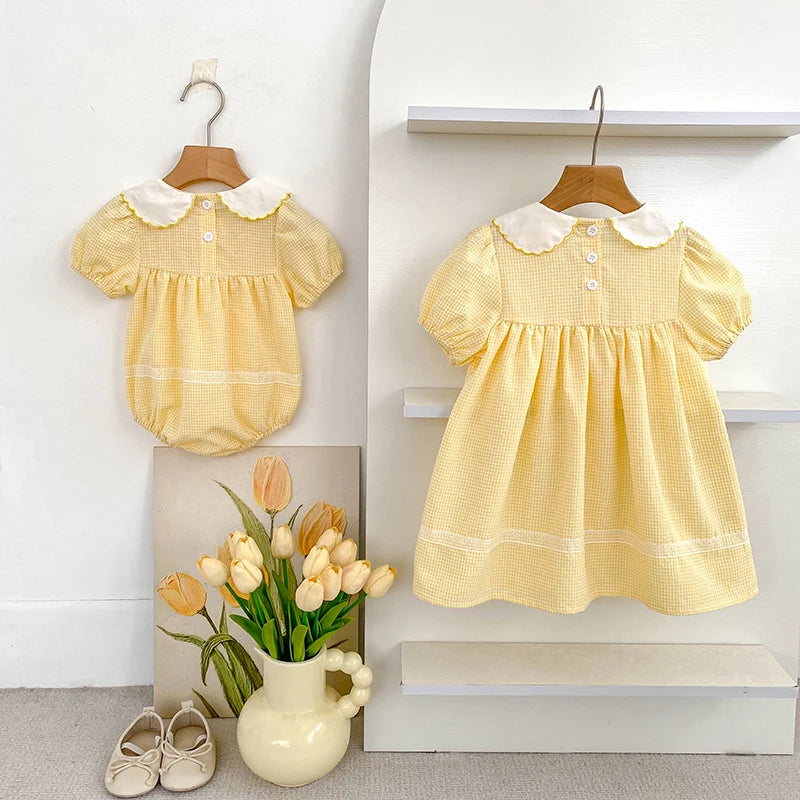 2026 Summer Baby Girl Embroidered Collar Bodysuits 0-24M Baby Girl Romper Newborn Short Sleeved Baby Girl Yellow Jumpsuit