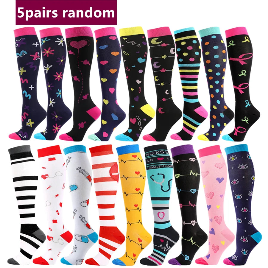 5 Pairs Random Athletic Compression Socks for Men and Women - Hiking, Basketball, Football, Rugby