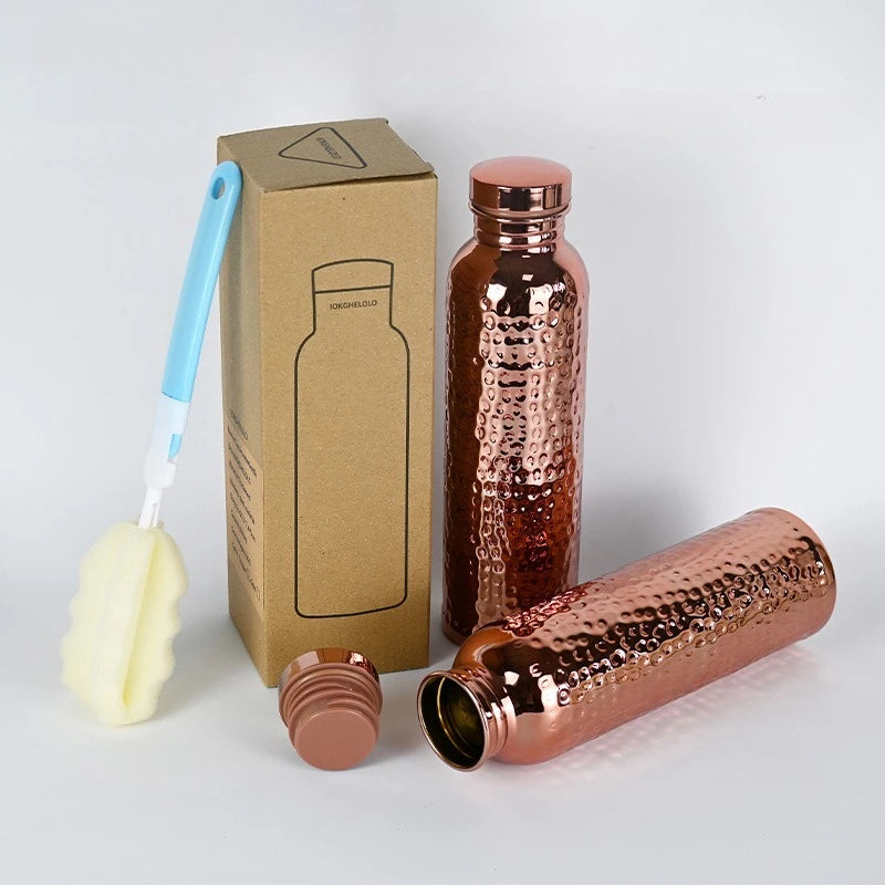 800ML Electroplated Copper Water Bottle One-Click Open Lid Anti-Slip Silicone Base Hammer Pattern Bottle Sports Bottle
