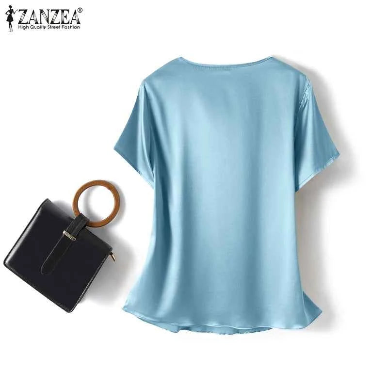 Women Summer Blouses ZANZEA 2024 Fashion Satin Tops Short Sleeve Blusas Female O Neck Casual Home Wear Tunic Chemise Oversized
