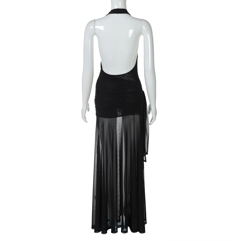 Dulzura Sleeveless Halter Backless  Lace Up Ruched Patchwork Sheer Mesh Floor-Length Dress Solid Sexy Outfit  Party Club Summer