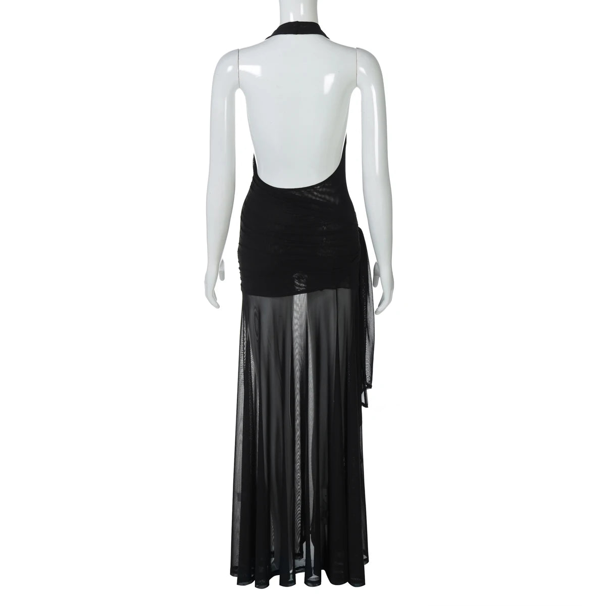 Dulzura Sleeveless Halter Backless  Lace Up Ruched Patchwork Sheer Mesh Floor-Length Dress Solid Sexy Outfit  Party Club Summer
