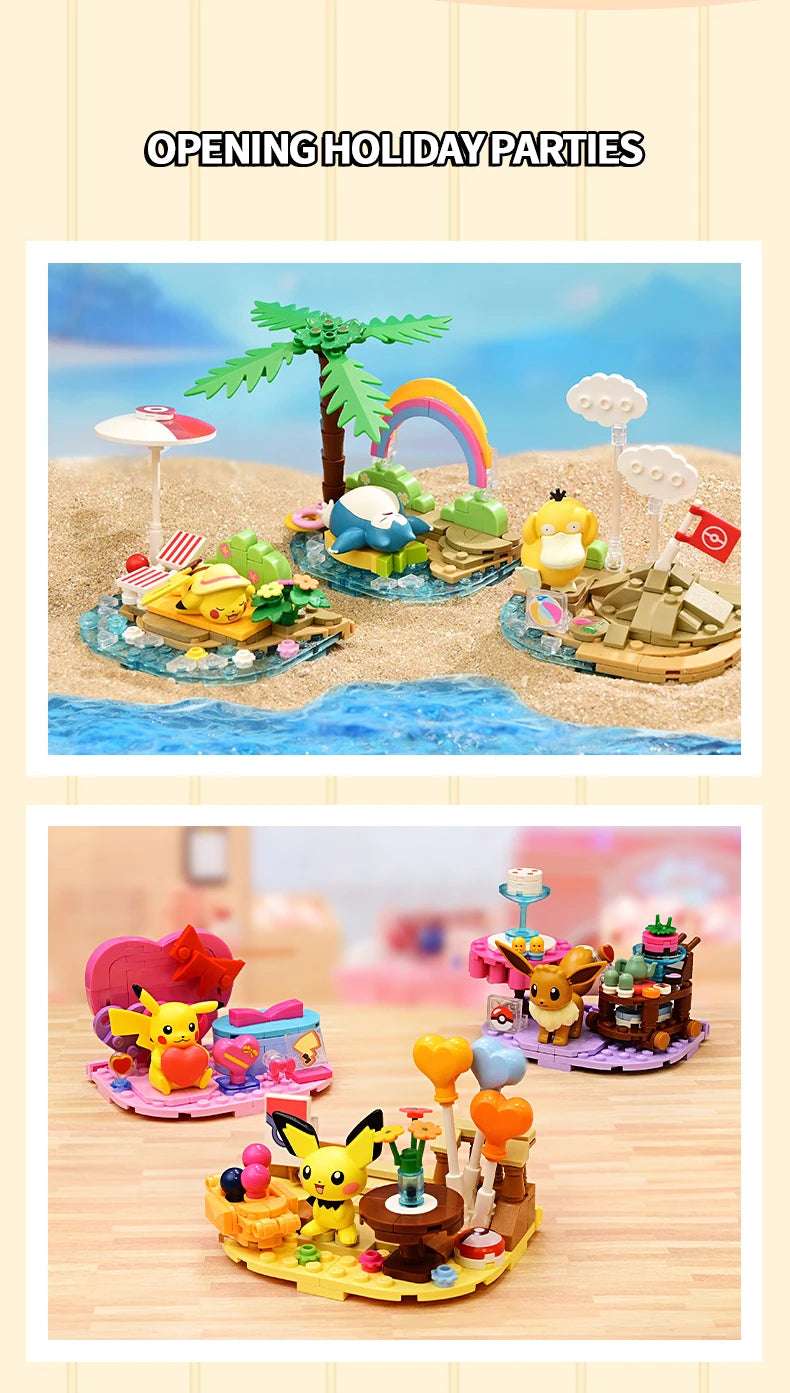 Pokemon Building Blocks Pikachu Psyduck Seaside Party Theme Scene Model Bricks Desktop Decorative Ornaments DIY Toys Gifts