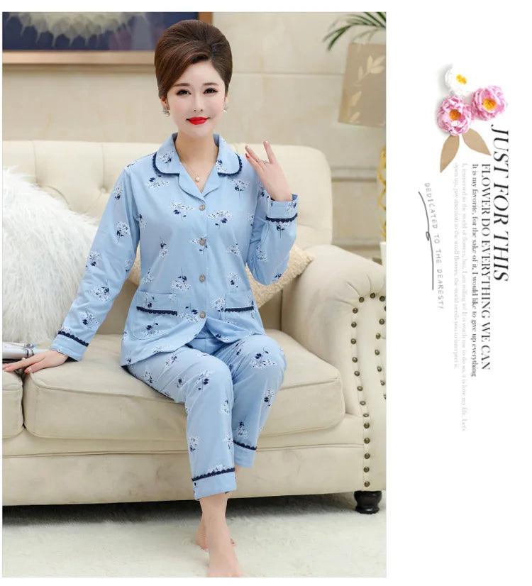 100% Pure Cotton Long Sleeve Sleepwear Set for Elderly Women Spring Summer Autumn Home Clothes Outwear Comfortable Home Suit