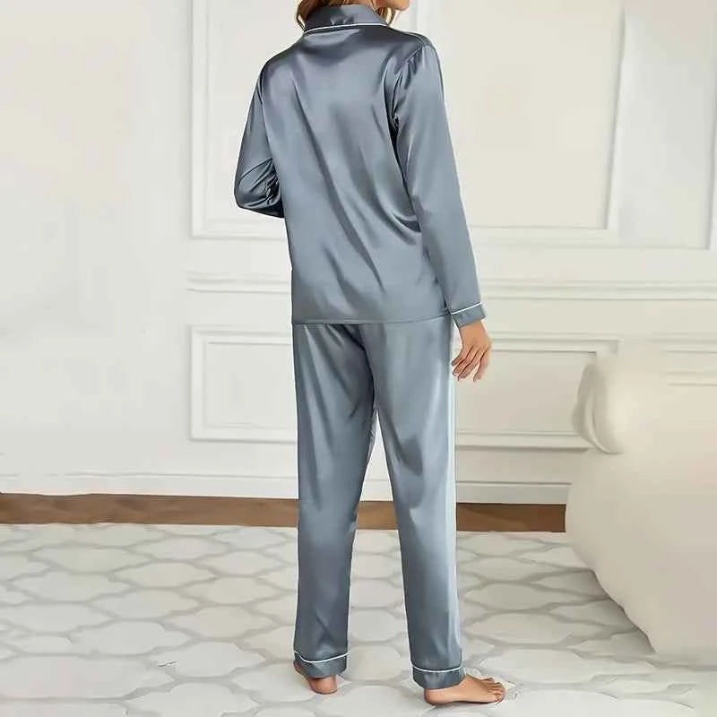 Women's Luxurious Satin Pajamas Pj Set Turn-down Collar Button Tops & Pants Sleepwear & Loungewear for Summer Home Clothes Suit