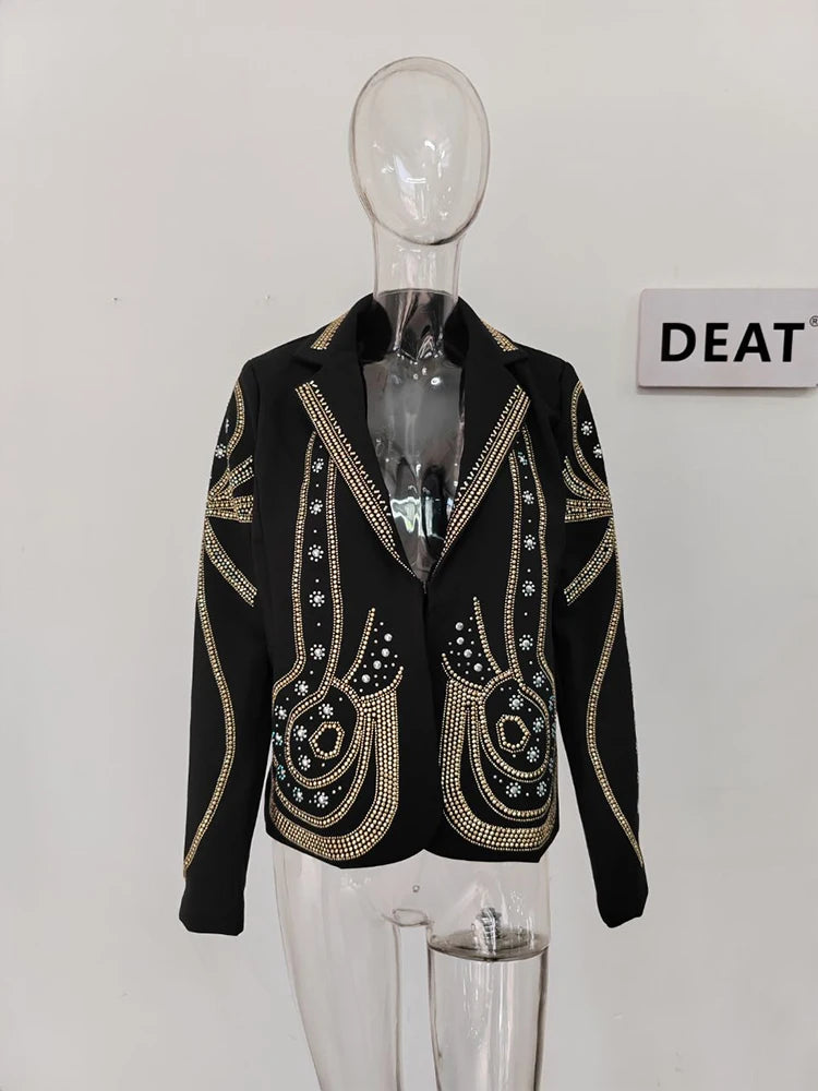 DEAT 2024 New autumn Turn-down Collar Full Sleeves Metal Beaded No Buttons Short jackets Female Single Suit WF18501L Black