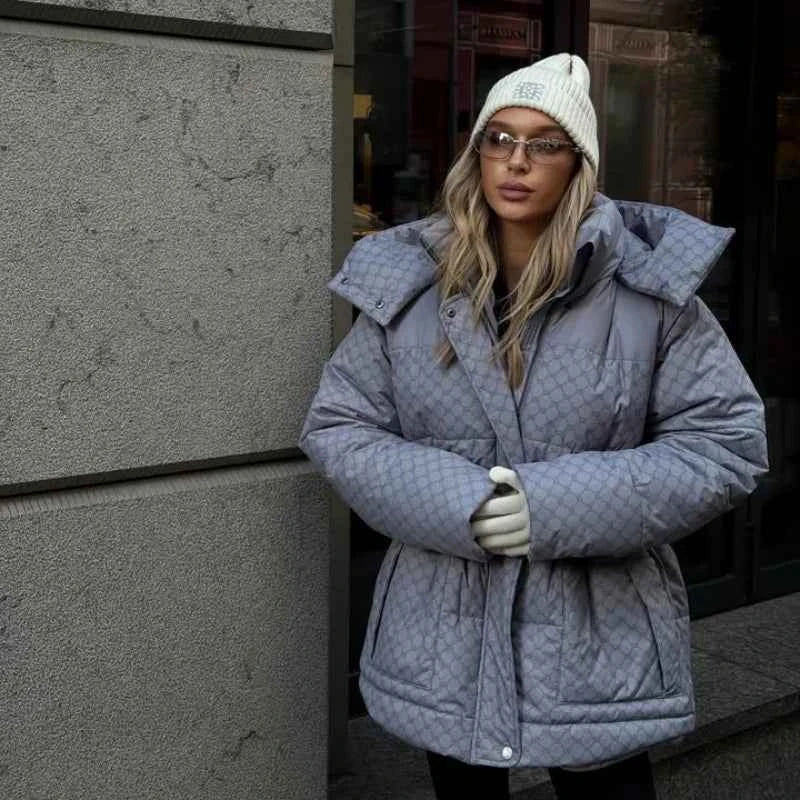 Printed Female Winter Cotton Quilted Jacket Hooded Thicken Zipper Single Breasted Long Sleeve 2025 New Casual Coat Loose Outwear