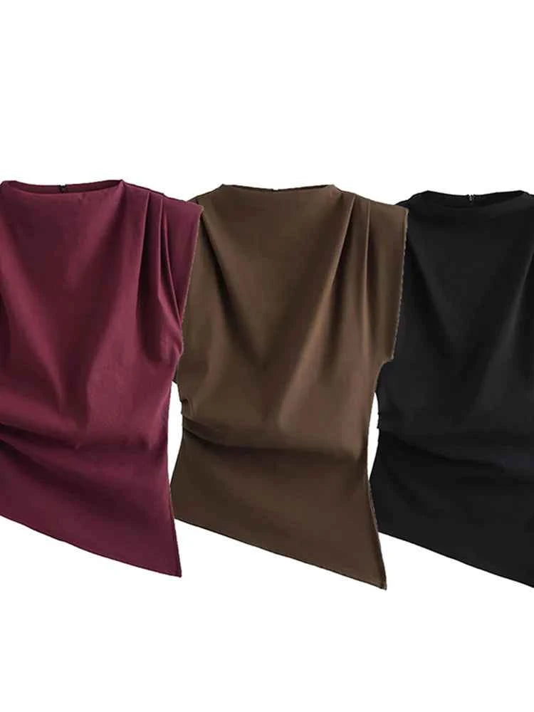 Fashion Shoulderless Top European American Style Simple Pleated Decorative New Top