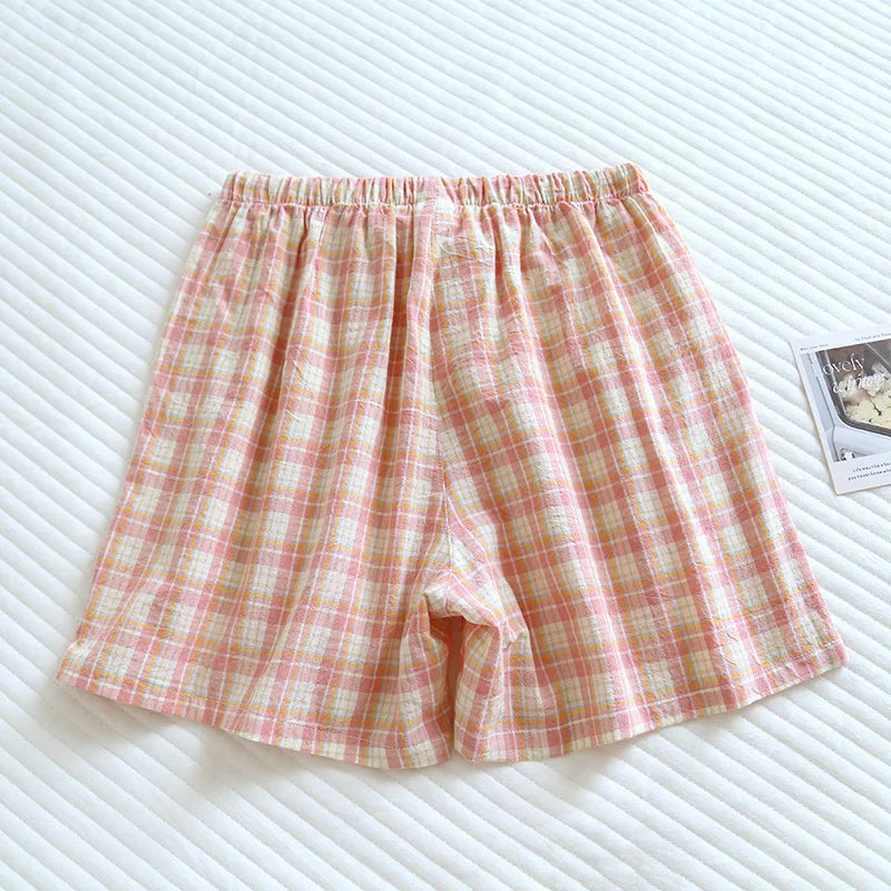 Summer Thin Loose Fit Women's Home Shorts Cotton Plaid Design Multi Colors Sleepwear Beach and Casual Wear Short Pants
