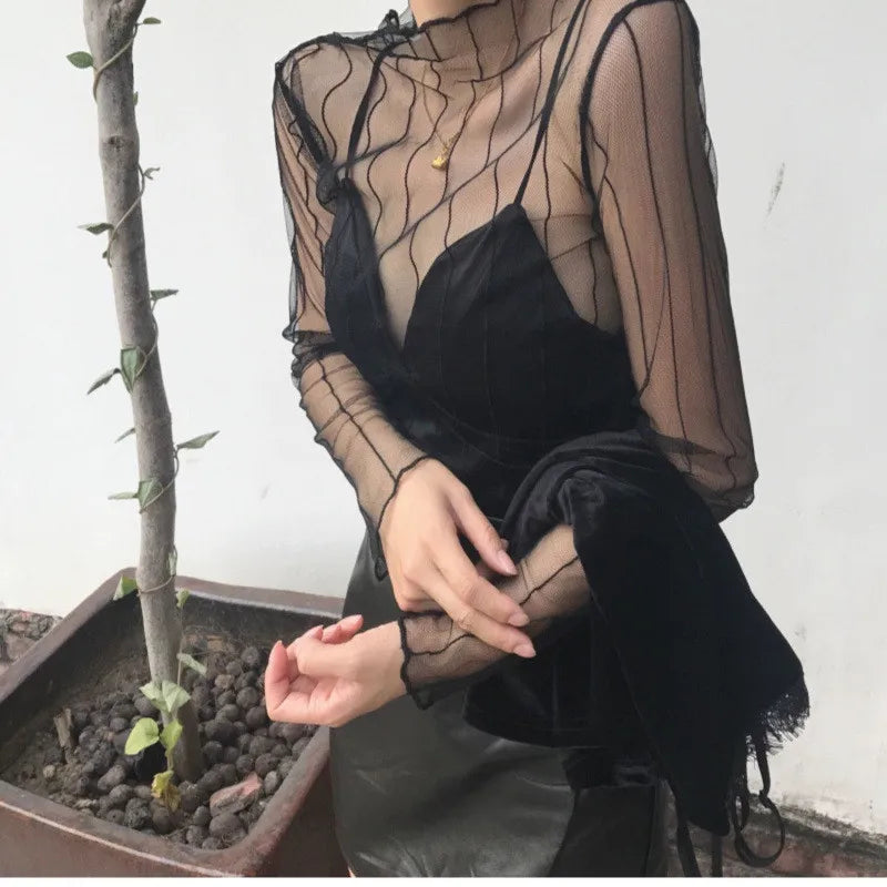 New Transparent See Through Shirt Women Sexy Harajuku Mesh Tops Net Undershirt Star Base Top Camisas Femininas Clubwear SheerTee