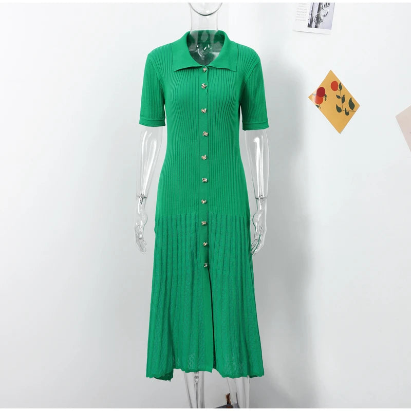 Knitted Women Long Dresses Hollow Out Short Sleeved Women Split Dress O-neck Single Breasted Female Solid Elegant Ladies Robe