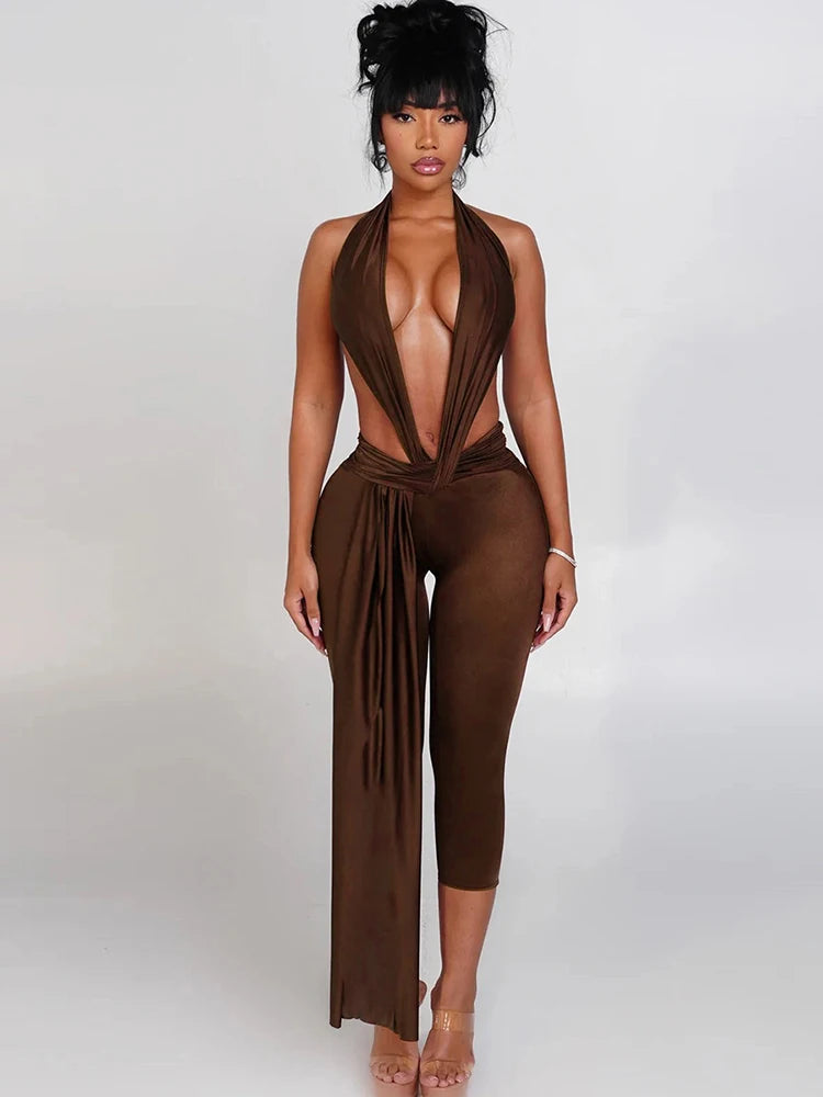 Sisterlinda Backless Halter Romper Women Ribbon Patchwork Sleeveless Elastic Workout Activewear Midnight Activity Slim Playsuits