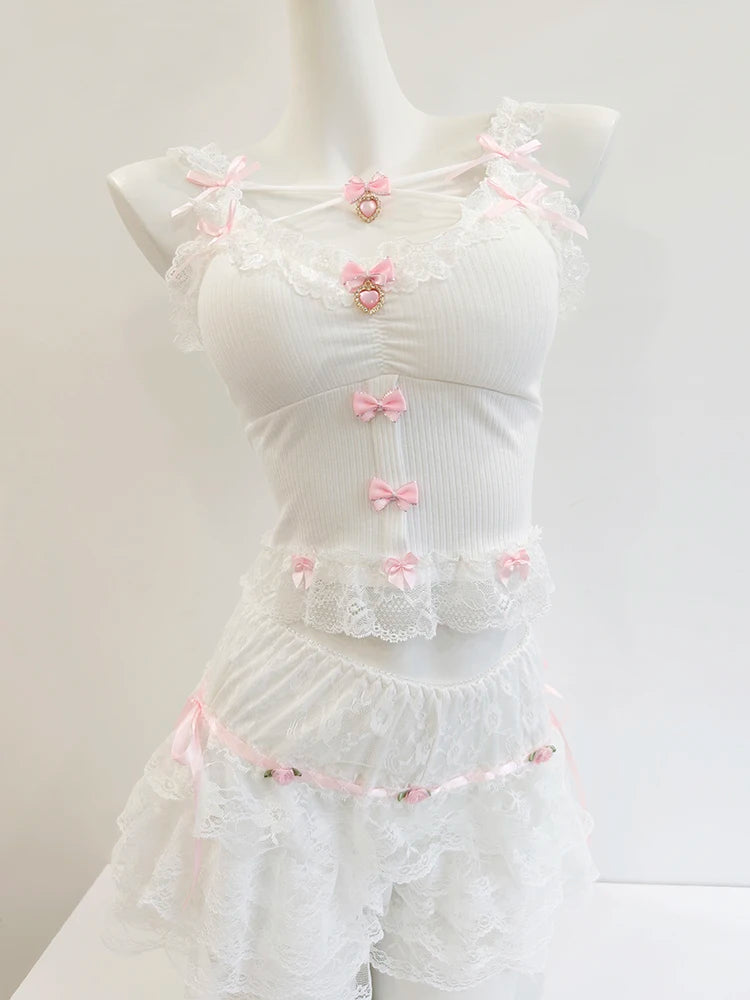 Sweet Crop Top Women Lace Trim Cotton Cropped Bows Bead Decoration Pink White Cute Camis Sweet Girls Lolita Style Kawaii Clothes