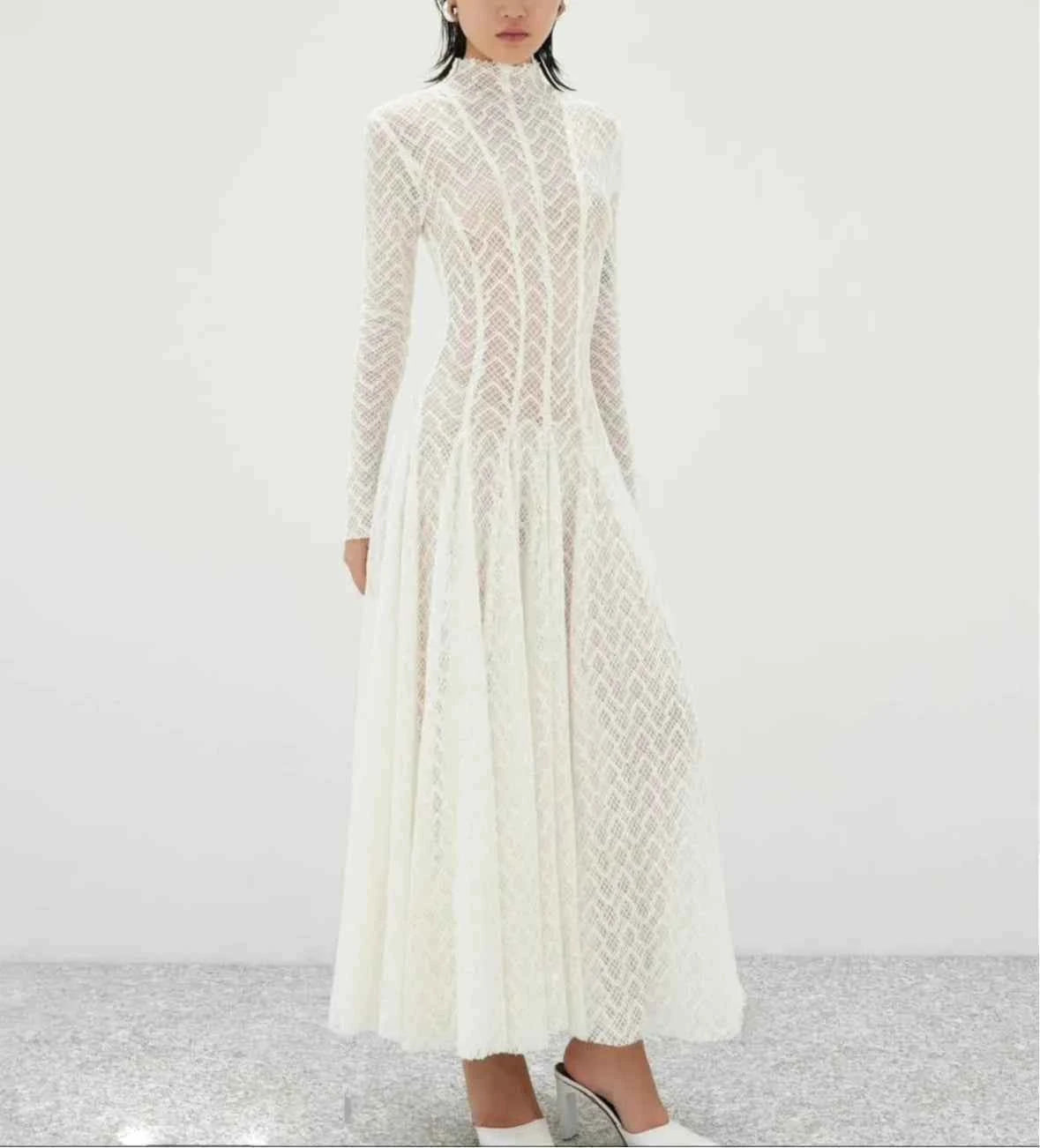 TWOTWINSTYLE Solid Slimming Spliced Ruffles Dresses for Women Round Neck Long Sleeves Patchwork Hollow Out Dress Female Clothing