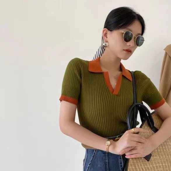 Vintage Panelled Knitted T-shirts Women V-neck French Style Slim Summer New Literary Fashion All-match Mature Elegant Ulzzang