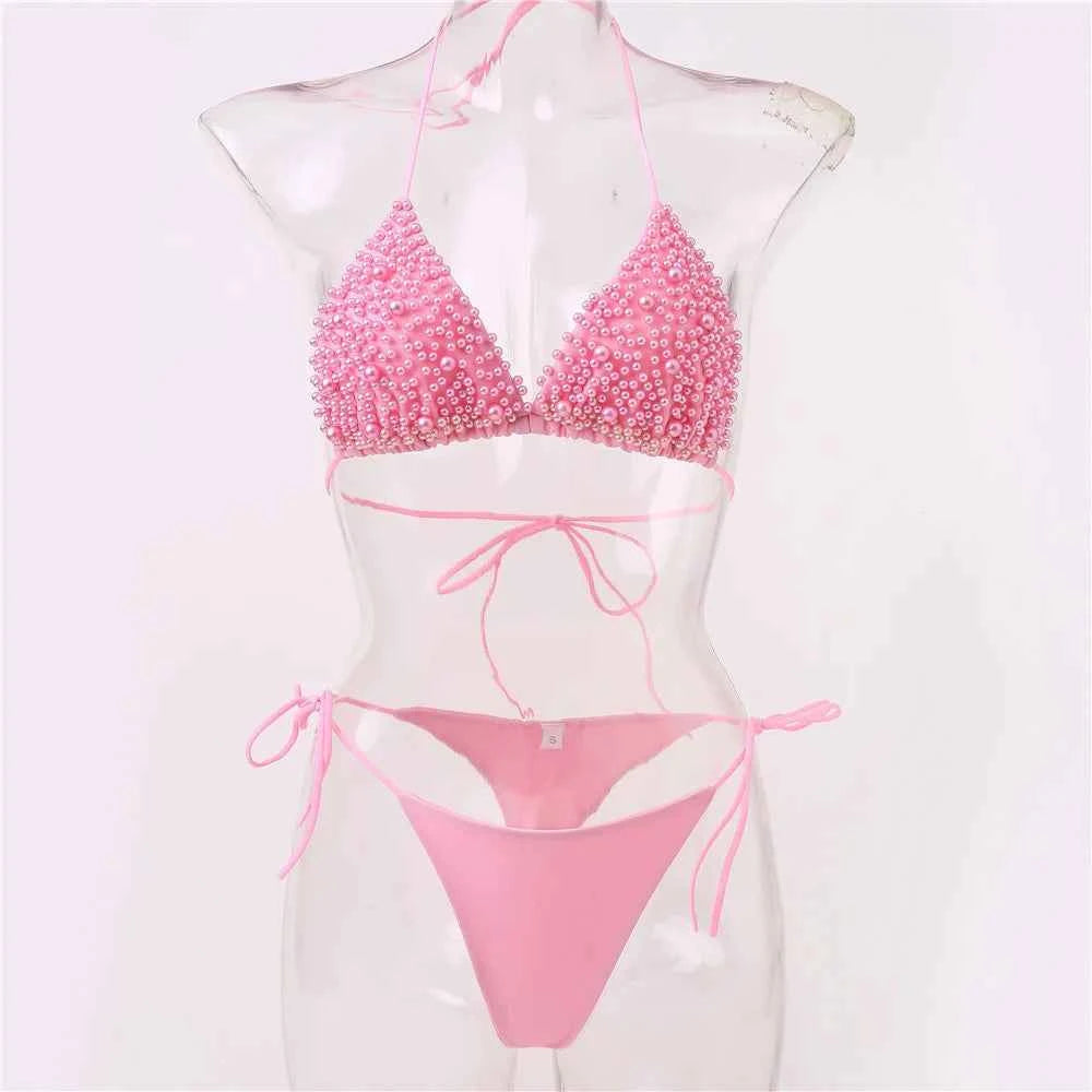 Pearl Bikini String Thong Swimsuit Kawaii Y2K Swimwear Trend Women Two Piece Bathing Suit Beachwear Bikinis Set Vacation Outfits