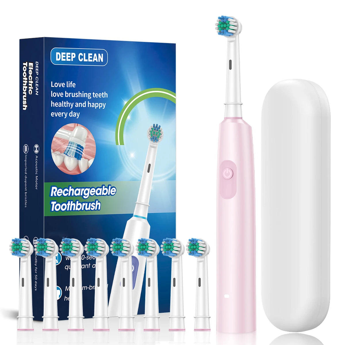 pink 8 heads box Color Rechargeable Electric Toothbrush – 5 Modes, Smart Timer