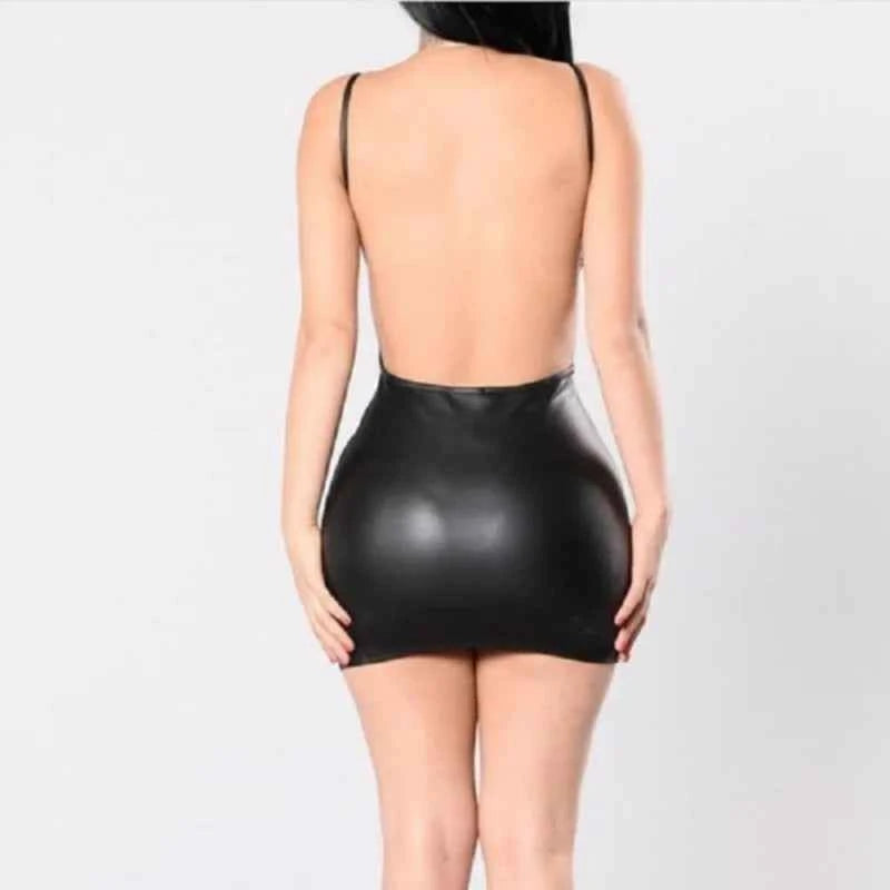 Sexy Faux Leather Dress Backless Club Party Short Dress Solid Black Wet Look Latex Bodycon Push Up Bra Mini Micro Dress