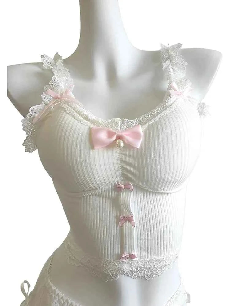 Sweet Crop Top Women Lace Trim Cotton Cropped Bows Bead Decoration Pink White Cute Camis Sweet Girls Lolita Style Kawaii Clothes