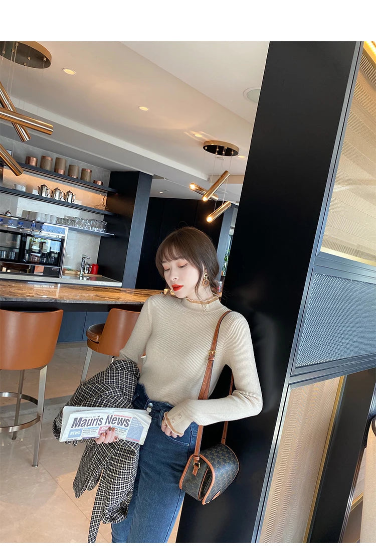 2026 Knitted Women Sweater O-neck Button Pullovers Autumn Winter Basic Sweaters for Female Pullover Slim Solid Bold Lace Tops