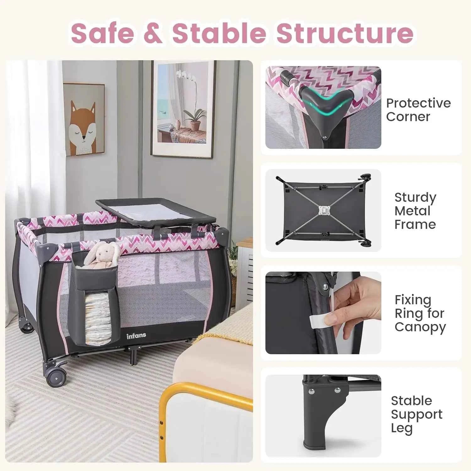 4-in-1 Portable Baby Playard with Bassinet, Changing Table, Canopy & Toys for Newborns to Toddlers (Pink)