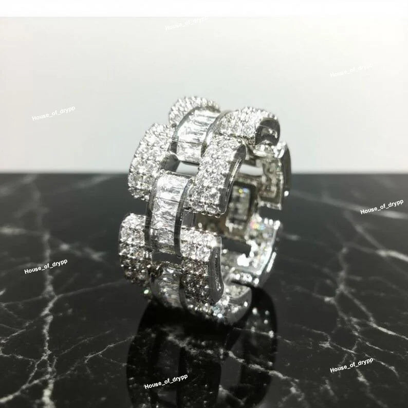 Iced Out Fancy Moissanite Diamond Baguette Cut Link Style Ring In 925 Sterling Silver Bold Hip Hop Statement Ring For Men Women