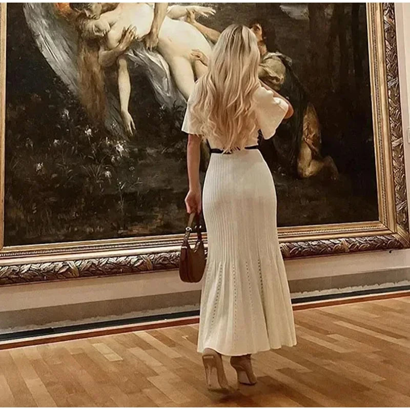 Knitted Women Long Dresses Hollow Out Short Sleeved Women Split Dress O-neck Single Breasted Female Solid Elegant Ladies Robe