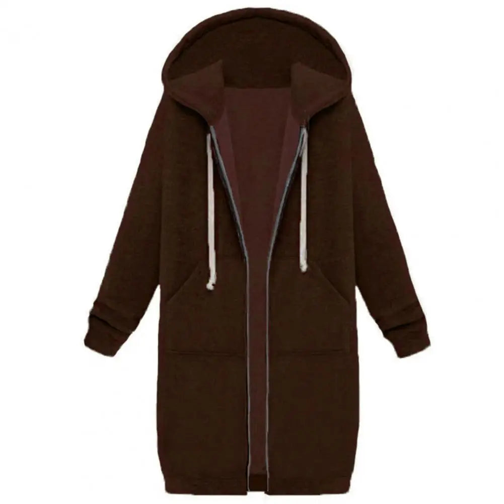 Plush Hooded Drawstring Women Jacket Thick Long Sleeves Zip Up Knee Length Autumn Coat Hooded Long Loose Winter Sweatshirt