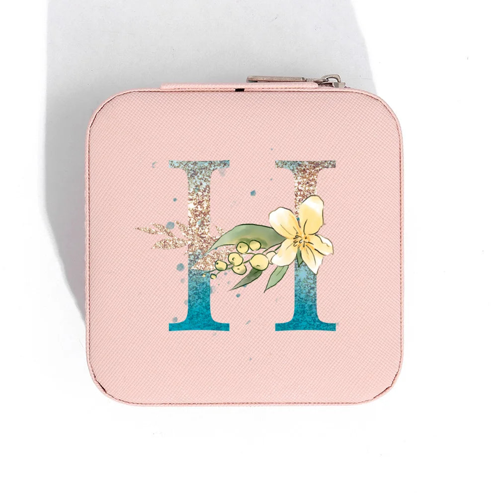 A-Z Alphabet Print Pink Travel Jewelry Organizer with Zipper Closure and Fabric Lining