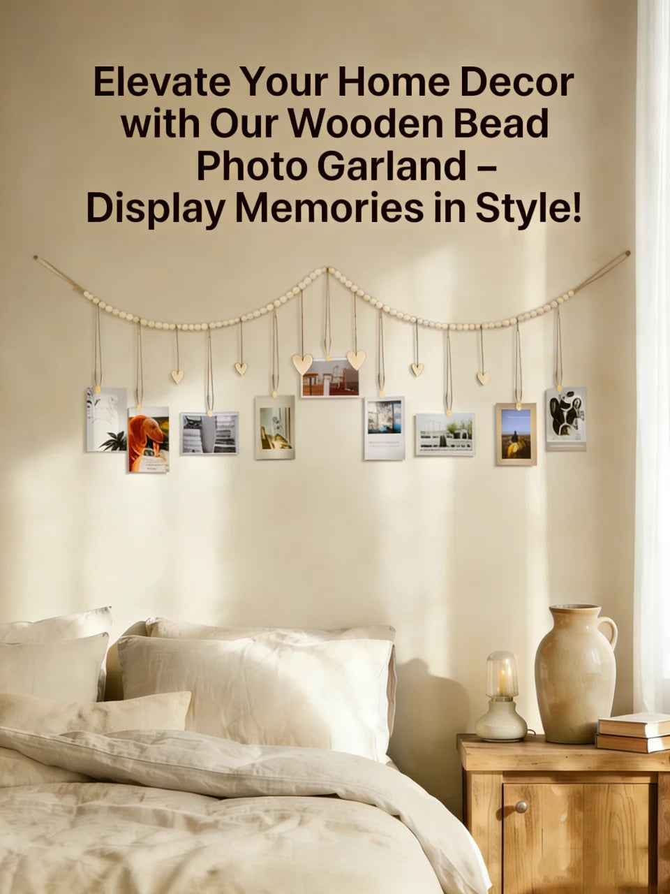 Hanging Photo Display Room Wall Decor, Boho Collage Picture Frame Christmas Cards Holder Wooden Hearts for Home Bedroom Office