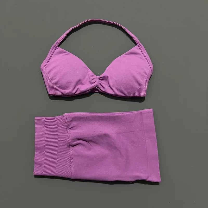 HISTELLO Gym Set 2 Piece Women Strappy Yoga Bra Top Workout Scrunch Shorts Sports Suit Fitness Clothes Seamless Yoga Set