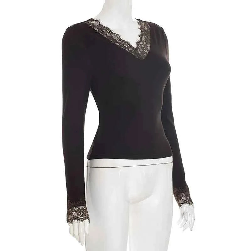 Women's V-neck Lace Splicing Top European American Style Autumn New Waist Exposed Umbilical Fashionable Casual Wear