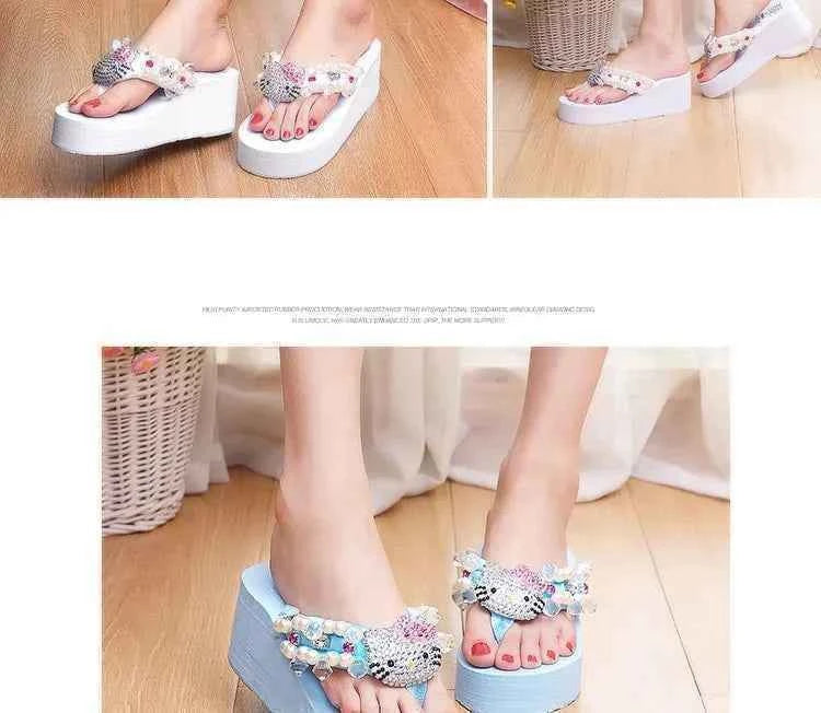 Hello Kitty Kawaii Soft Flip Flop Sandals Y2k Beach Slides Shoes Women Casual Wedge High Heels Platform For Slippers Ladies Gift