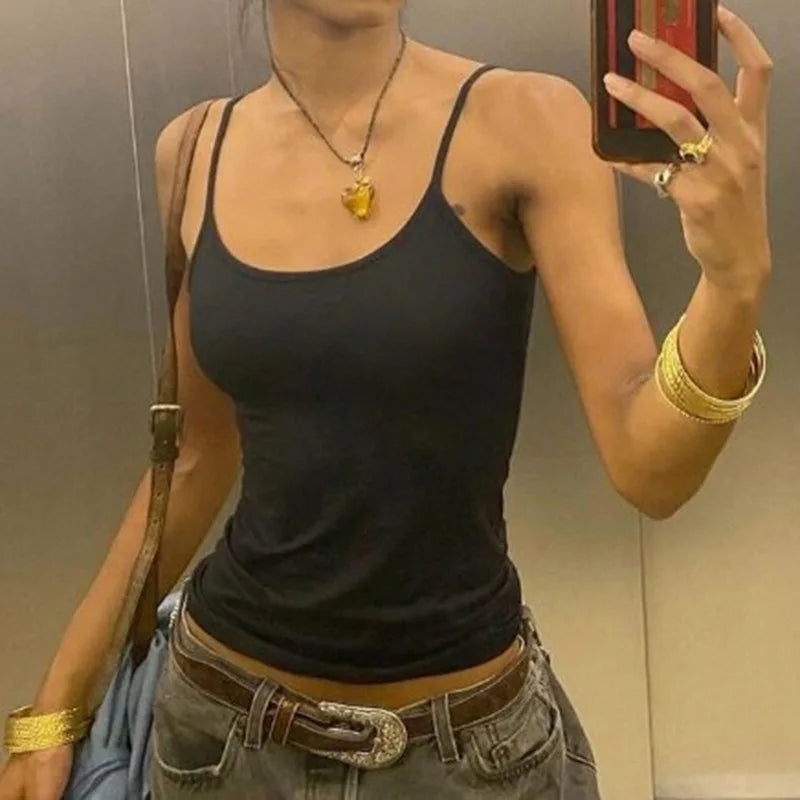 Women's Basic Solid Summer Camisole Sleeveless Spaghetti Strap Harajuku Style Y2K Vintage Cropped Top Casual All-match