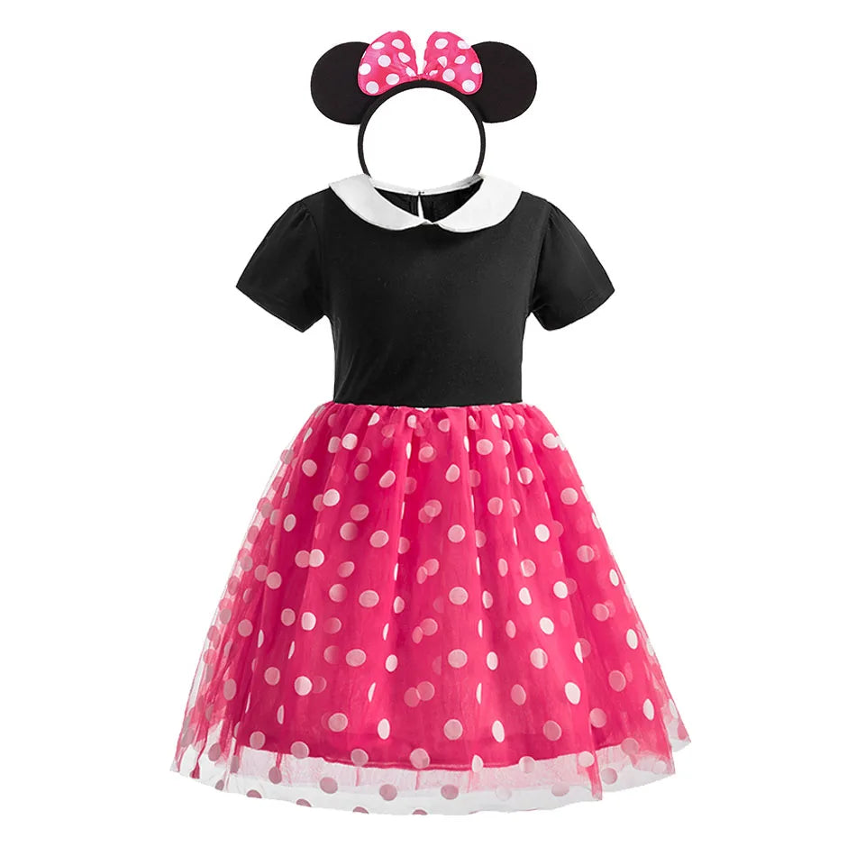 Children Casual Clothes Summer Short Sleeve Dots Girls Dress Kids Peter Pan Collar Cute Birthday Costume with Mouse Ear Headband