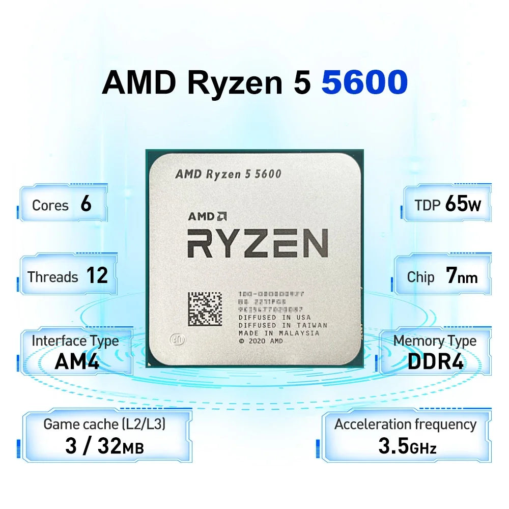 AMD Ryzen 5 5600 CPU AMD R5 5600 Processor 4.4GHz 6-Core 12-Thread 32MB Cache Socket AM4 Desktop PC Gaming CPU