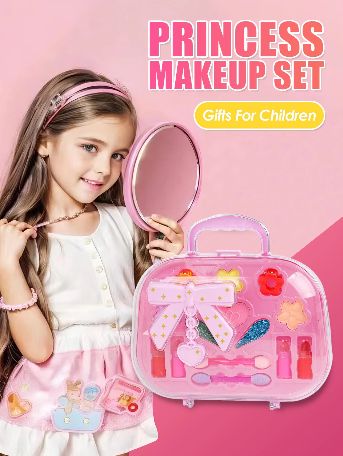 Kids Beauty Makeup Kit for Girls, Little Handbag Make-up Toys Princess Washable Pretend Play Cosmetic Set Toys Birthday Gifts
