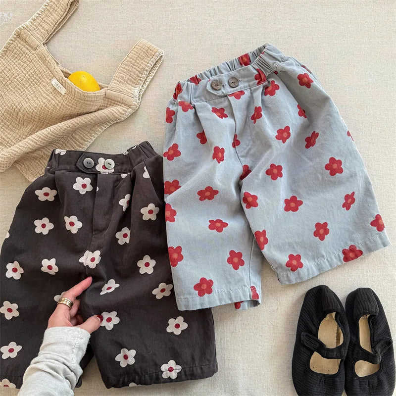 2026 Spring New Children Casual Pants Fashion Flower Print Girls Harem Pants Cotton Kids Loose Trousers Boys Cute Baby Clothes