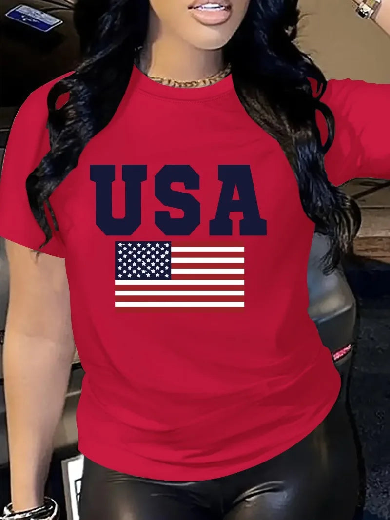 Women'S Patriotic USA Letter Print T-Shirt  Casual Crew Neck Short Sleeve Perfect for Spring  Fall Everyday Tshirt Graphic Tee