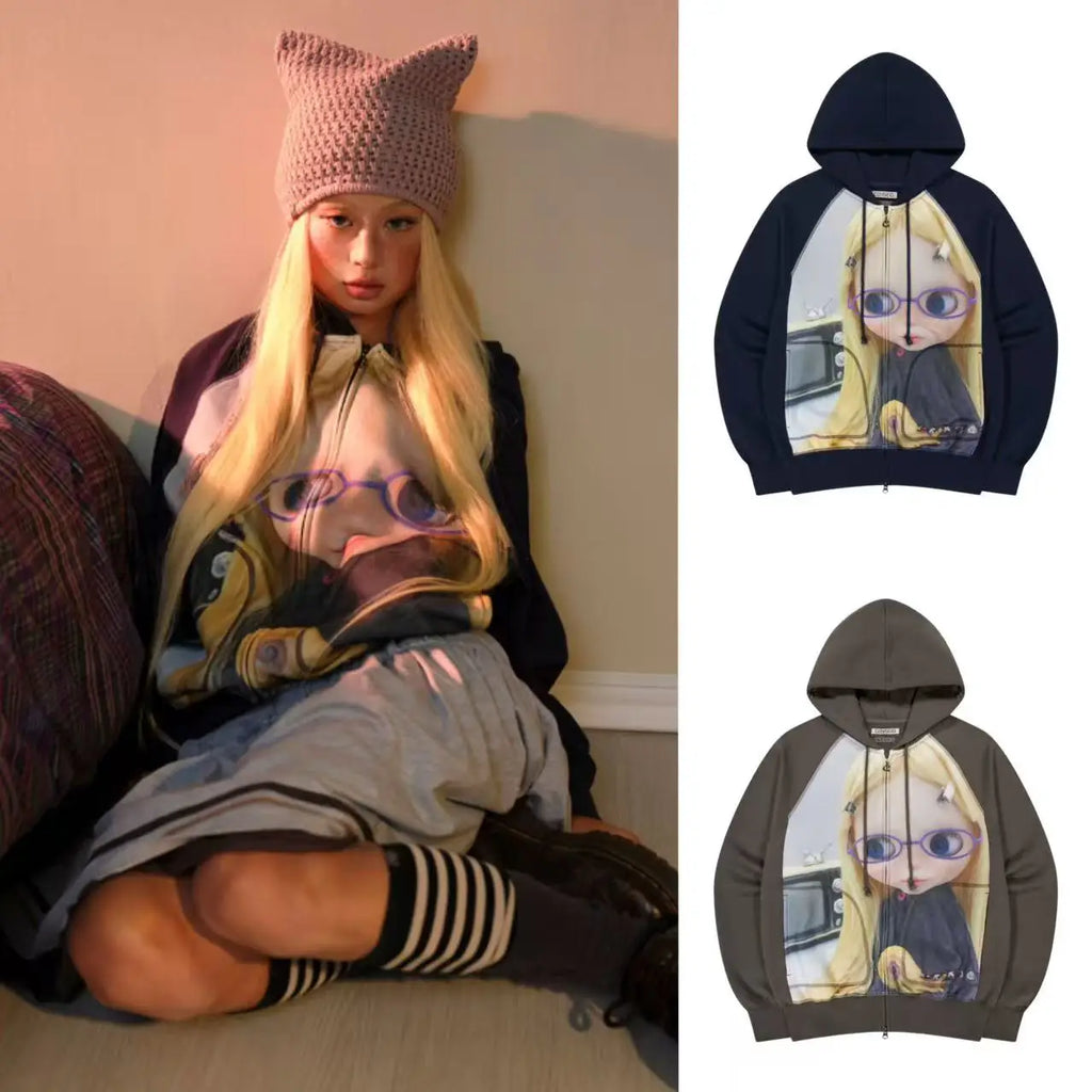 COY Big eye doll digital print hooded open jacket hoodie design sense coat