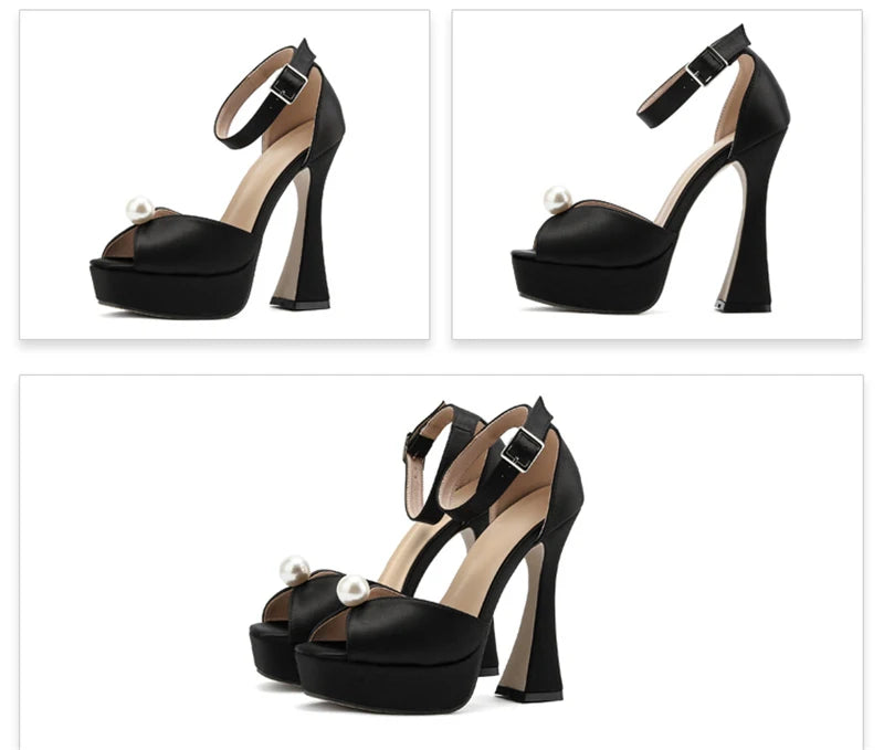 Liyke Brand Fashion White Black Chunky Platform Sandals Women Pearl Design Square Toe Super High Heels Elegant Party Prom Shoes