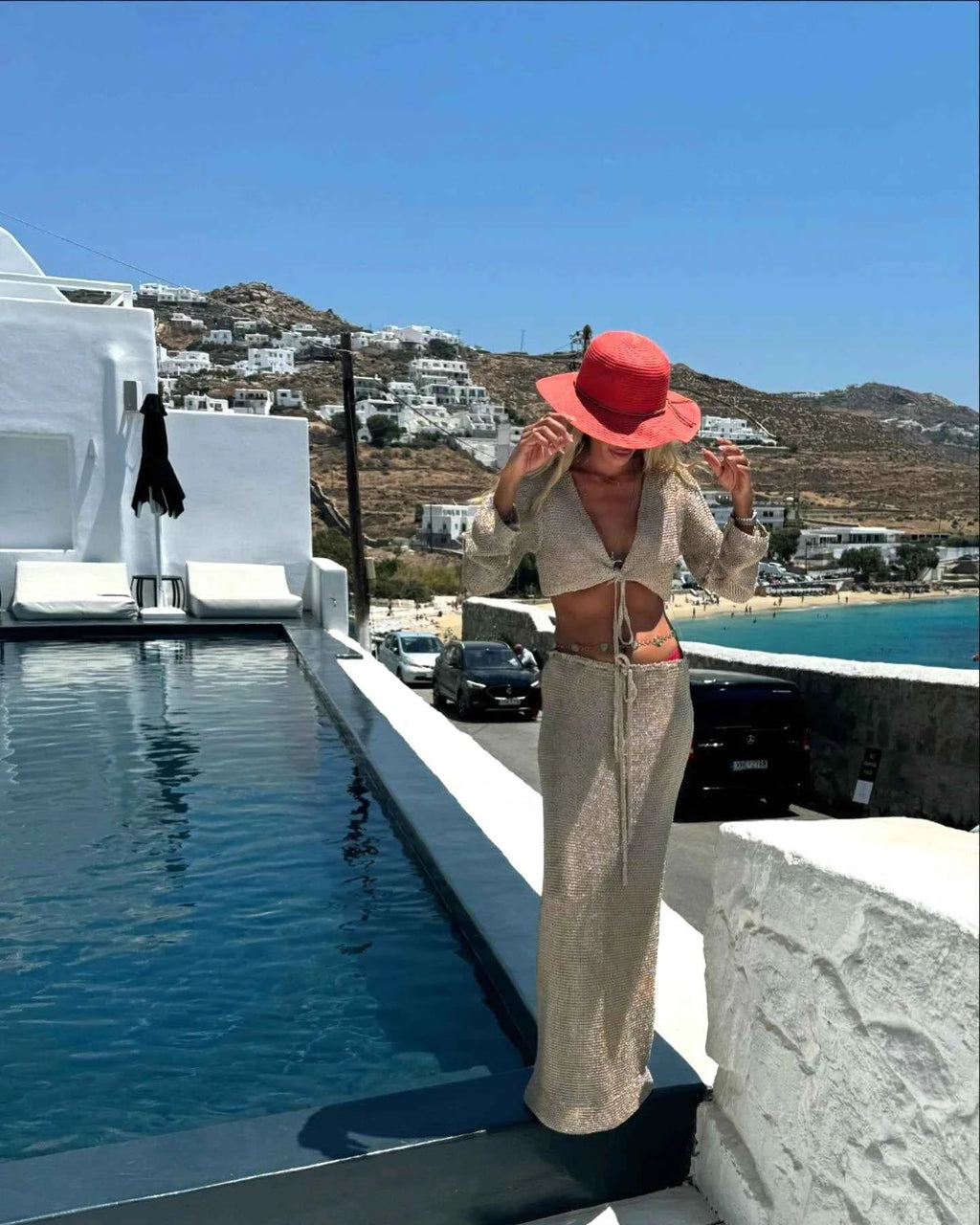 Solid Colour Sexy Beachwear Swimsuit Cover Up Knit Two-piece 2026 Summer Women's Big Bell Sleeve Lace-up Top Long Skirt Set K128