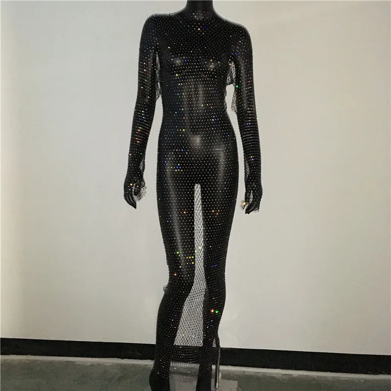 Y2K Sexy Shiny Rhinestones Grid Fishnet Dress Long Sleeve Hollow Out Side Slit Dress Beach Cover Up Breathable Lady Vestidos