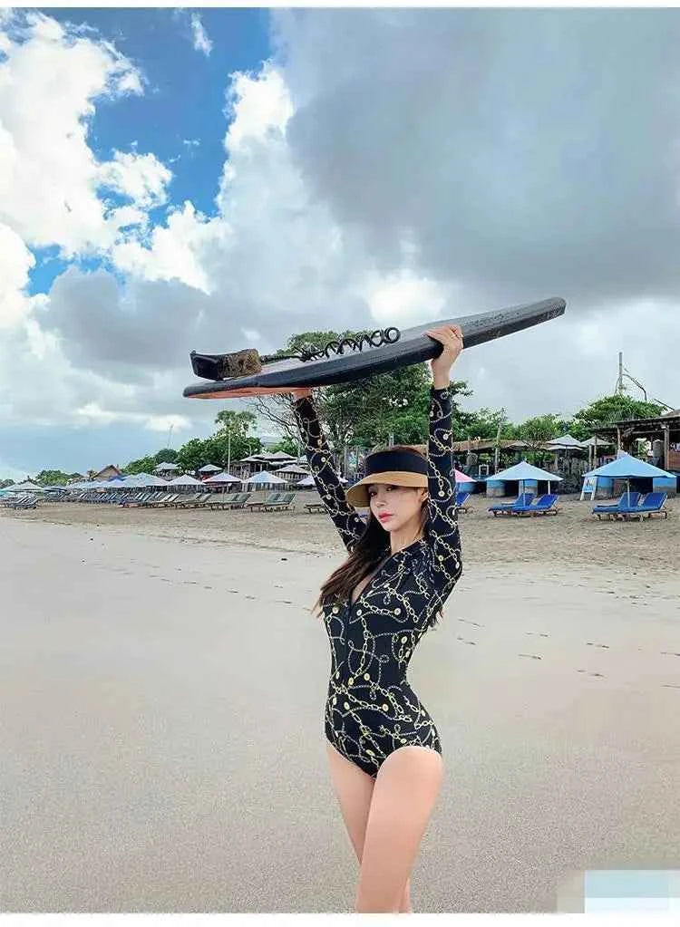 Style Diving Sun Protection Long-sleeved One-piece Ins Slimming Belly-covering Conservative Swimsuit for Women Jellyfish Suit