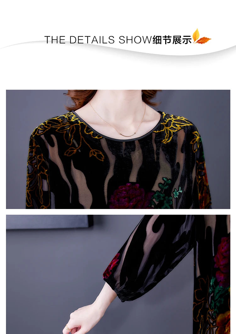 Large Size Gold Velvet Dress Women's Autumn New High-End Mulberry Silk Burnt Flower Dress Luxurious Temperament Vestidos