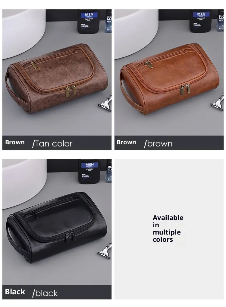 Large Capacity Men Leather Wash Bag Travel Business Trips Portable Cosmetic Bag Multi Pocket Design Handheld Leather Wash Bag LI