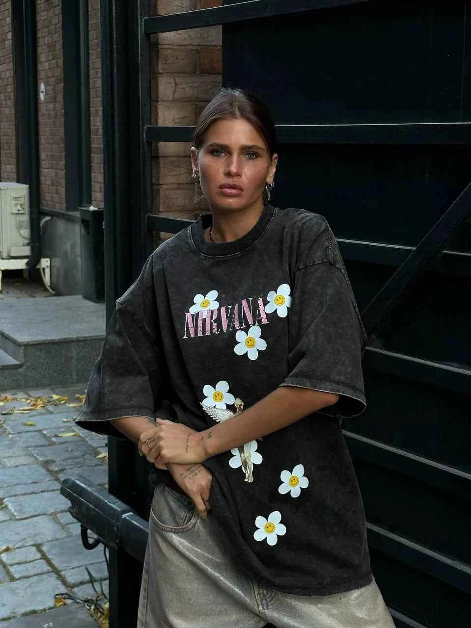 Sumuyoo Women's Retro Printed T-shirt Cotton Men Vintage Short-sleeve Wax Printing T Shirts Fashion Hip Hop Loose Fflower Tees