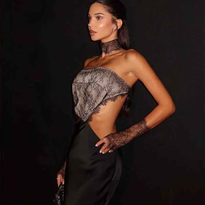 Black Lace Patchwork Satin Backless Dress Women Sexy Strapless Off-Shoulder Maxi Fishtail Dresses 2026 Lady Chic Party Vestido
